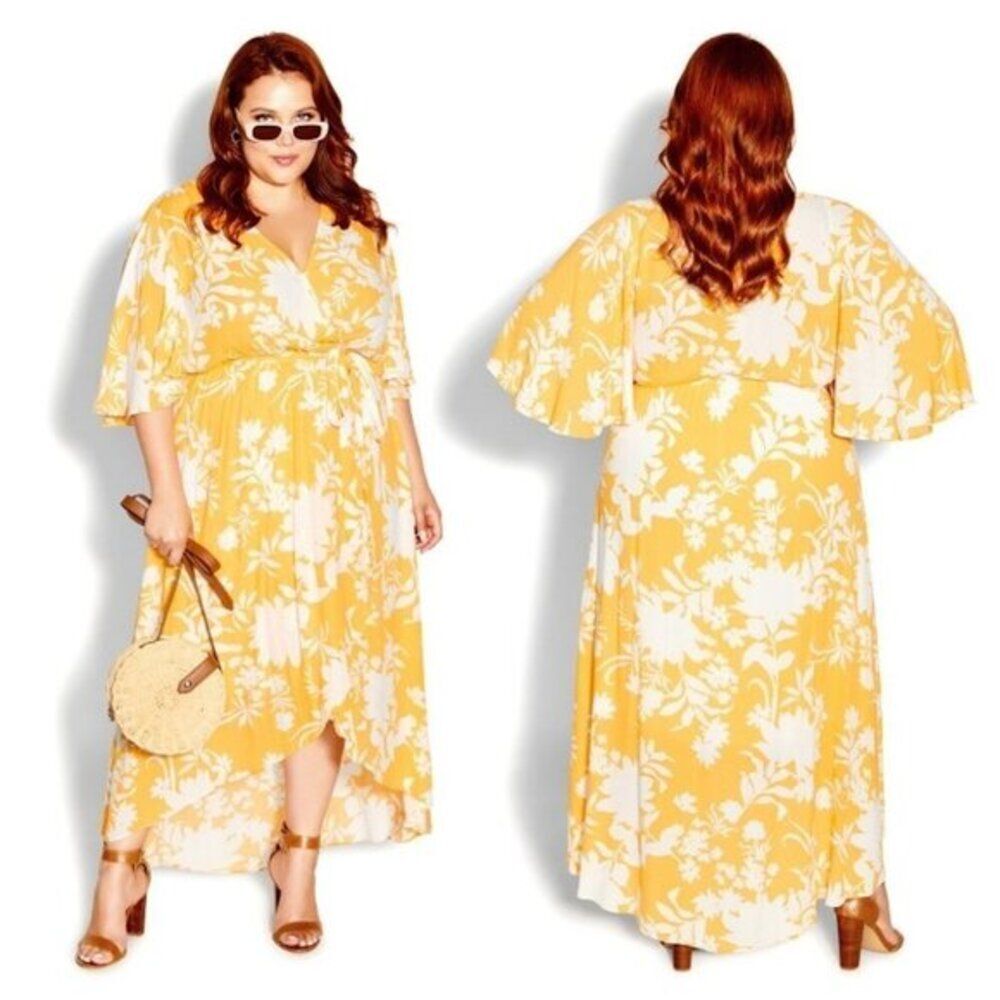 City Chic‎ Women's Size 14 Faux Wrap Floral Print Maxi Dress Lined Party Yellow